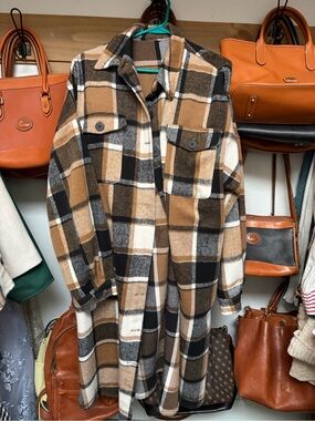 Plaid Long Shacket in Brown and Black - Women Jackets & Coats